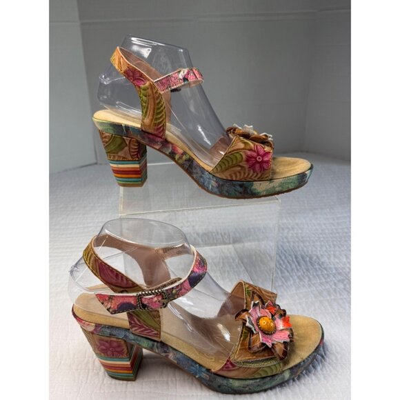 LArtiste Spring Step Floral Leather Platform Sandal Heel SZ 40/US 9 Multicolor - Picture 1 of 11